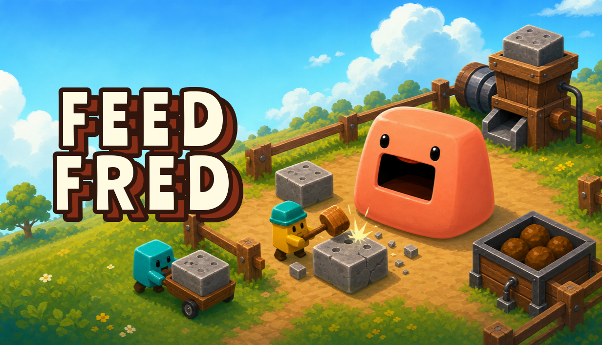 Feed Fred key art showing Fred, Friends, equipment, and a fenced patch.